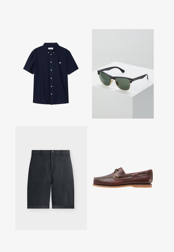 Marineblaues Kurzarm-Hemd mit Knopfleiste aus Baumwolle, mit einem spitzen Kragen und einem kleinen weißen Vogel-Logo auf der Brust.; Schwarze knielange Shorts mit umgeschlagenen Säumen, Knopfverschluss, Gürtelschlaufen und flachem Vorderdesign auf einfachem weißem Hintergrund.; Brauner Leder-Bootsschuh mit weißen Nähten, Schnürdetails und hellbrauner Gummisohle, seitlich auf weißem Hintergrund gezeigt.; Ray-Ban Sonnenbrillen mit grünen Gläsern, schwarzen Kunststoffrahmen und goldenen Akzenten an den Rändern. Quadratische Form mit matter Oberfläche.