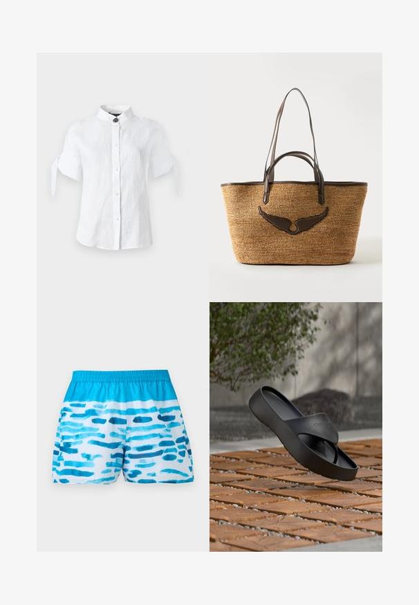 Blouse blanche à manches courtes avec col mandarin, fermeture boutonnée devant et détails noués aux manches sur un fond clair uni.; Short de bain homme bleu et blanc avec motifs abstraits horizontaux de coups de pinceau et taille élastique sur un fond uni.; Sandale plateforme noire Calvin Klein flottant au-dessus d'un sol extérieur en bois et pierre à motif, avec en arrière-plan un arbre flou et un mur.; Sac fourre-tout en paille tressée avec des poignées en cuir brun foncé et un accent en cuir en forme d'aile sur le devant.