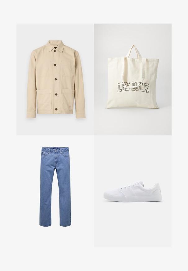 Veste de travail beige clair, tissu en coton, devant boutonné, col pointu, deux poches poitrine, deux poches basses, boutons marron, détails cousus.; Jean droit en denim bleu avec bouton et fermeture éclair à l'avant, passants pour ceinture, et poches avant et arrière.; Baskets en toile blanches avec une semelle en caoutchouc, dotées de six œillets, d'un embout texturé et d'un design minimaliste.; Sac fourre-tout en toile de couleur ivoire, avec des poignées courtes et le texte imprimé "LES DEUX" en lettres noires en gras. Design durable et simple.