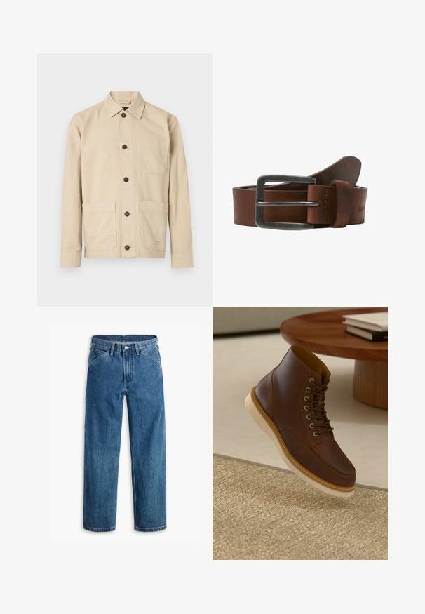 Lysebeige arbejdsjakke, bomuldsstof, med knapper foran, spids krave, to brystlommer, to nederste lommer, brune knapper, syningsdetaljer.; Blå denim jeans med lige ben, forlommer, bæltestropper, metal knap og lynlås foran på hvid baggrund.; Brune læderankelstøvle med beige sål på et struktureret beige tæppe ved siden af et rundt træbord med stakke af bøger.; Brun læderbælte med en børstet metalspænde, har en glat tekstur og et klassisk design. Remmen bliver smallere mod enden.