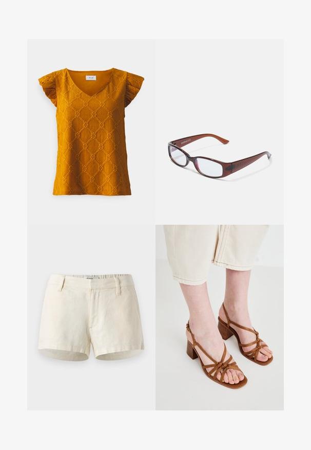 Senfgelbes T-Shirt mit kurzen Ärmeln, V-Ausschnitt und strukturiertem Diamantmuster. Der Stoff ist mit subtilen Wellen gewebt. Flauschige Ärmel fügen Details hinzu.; Helle beige Shorts aus Leinen. Mit flachem Bündchen, Fronttaschen und einem sauberen Saum. Einfaches, minimalistisches Design.; Braune Riemchen-High-Heelsandalen mit einem klobigen Absatz, ausgestattet mit geknoteten Riemen und einem offenen Zehendesign. Texturierte Sohle und verstellbarer Knöchelriemen.; Braun getönte rechteckige Brille mit glänzender Oberfläche, schlanken Bügeln und transparenten Gläsern. Logo auf dem linken Bügel sichtbar.