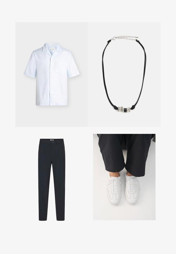 Chemise bleu clair à manches courtes avec boutons, col camp et poche poitrine, présentée sur un fond clair uni.; Pantalon noir au design ajusté, avec une fermeture à boutons, des plis à l'avant, et une texture de tissu lisse. Détail de taille pincée.; Baskets blanches en cuir avec une texture lisse, bout rond et système de laçage classique, positionnées au-dessus de pantalons sombres et amples.; Le collier en cordon noir présente trois perles décoratives en métal, dont deux anneaux texturés en argent et une perle cylindrique noire, avec une chaîne réglable.