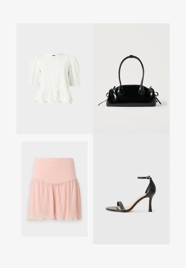 Blouse blanche à manches courtes bouffantes avec ourlet festonné ornée de broderies florales en œillet.; Mini-jupe rose clair texturée avec une large ceinture et un détail de tissu froncé sur un fond uni.; Sandale à talons hauts en cuir noir avec une fine bride de cheville, bout ouvert et un talon élégant et courbé. Semelle texturée et design minimaliste.; Petit sac à main noir brillant avec deux longues anses et des détails à cordon sur les côtés sur un fond clair uni.