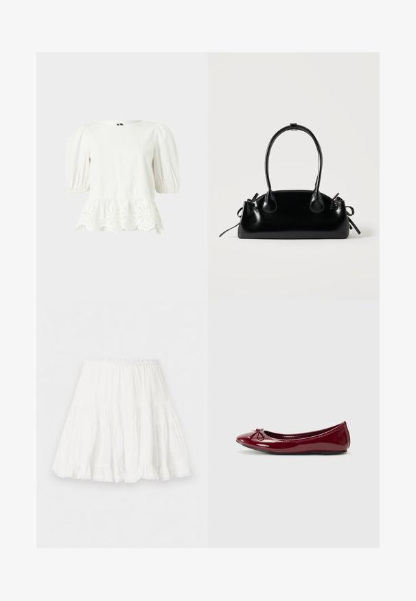 Blusa blanca de manga corta con mangas abullonadas y borde festoneado con bordado floral de ojales.; Falda blanca de capas con cinturilla elástica y borde con volantes, confeccionada en tela ligera.; Bailarina en charol burdeos brillante, con punta redondeada y pequeño lazo en la parte frontal. Textura suave, tacón bajo.; Pequeño bolso negro brillante con dos asas largas y detalles de cordón lateral sobre un fondo claro liso.