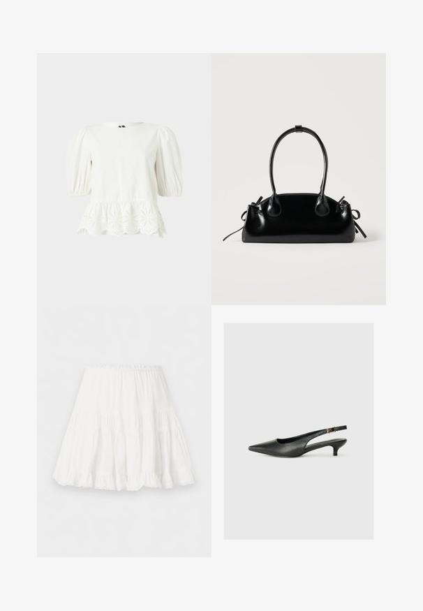 Witte blouse met korte mouwen, pofmouwen en een golvende zoom met bloemenborduursel in eyelet.; Witte getrapte rok met elastische tailleband en ruches aan de zoom, gemaakt van lichtgewicht stof.; Zwarte puntschoen met slingback van soepel leer. Kenmerkt zich door een dunne hak en een gespdetail op de verstelbare band.; Kleine zwarte glanzende handtas met twee lange hengsels en zijkant trekkoord details op een effen lichte achtergrond.