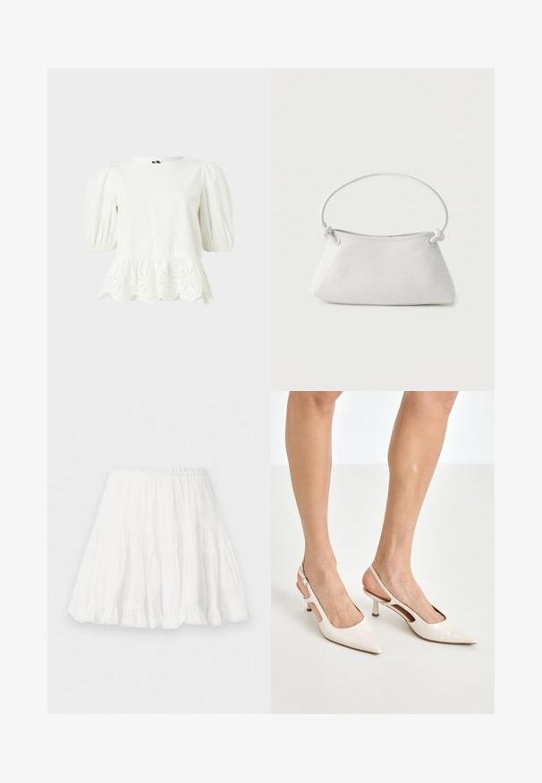 Witte blouse met korte mouwen, pofmouwen en een golvende zoom met bloemenborduursel in eyelet.; Witte getrapte rok met elastische tailleband en ruches aan de zoom, gemaakt van lichtgewicht stof.; Beige gepatineerde leren slingback hakken met een spitze neus en een hak van 5 cm, met uitsparingen aan de zijkanten en een dunne enkelband.; Witte handtas van gevlochten leer met een afgeronde handgreep en uiteinden van de band die geknoopt zijn, afgebeeld tegen een effen achtergrond.