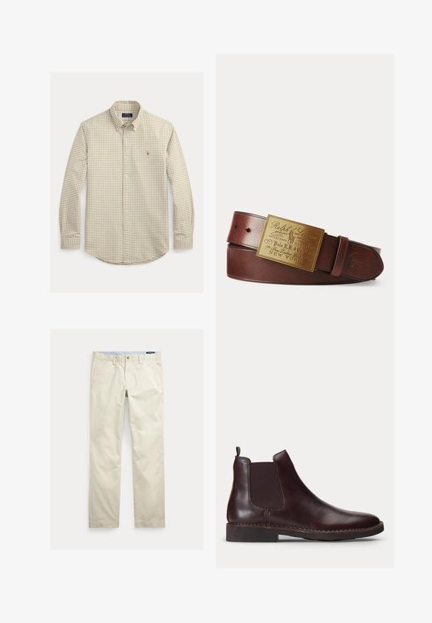 Camisa de manga larga en beige y blanco a cuadros con botones, cuello abotonado y pequeño logo bordado en el pecho.; Pantalones de algodón beige de corte recto con trabillas para cinturón, botón frontal, cierre de cremallera y bolsillos laterales.; Botín Chelsea de cuero marrón oscuro con panel lateral elástico y tacón bajo, mostrado de perfil sobre un fondo blanco.; Cinturón de cuero marrón con una gran hebilla rectangular dorada grabada con el logo y texto de Ralph Lauren.