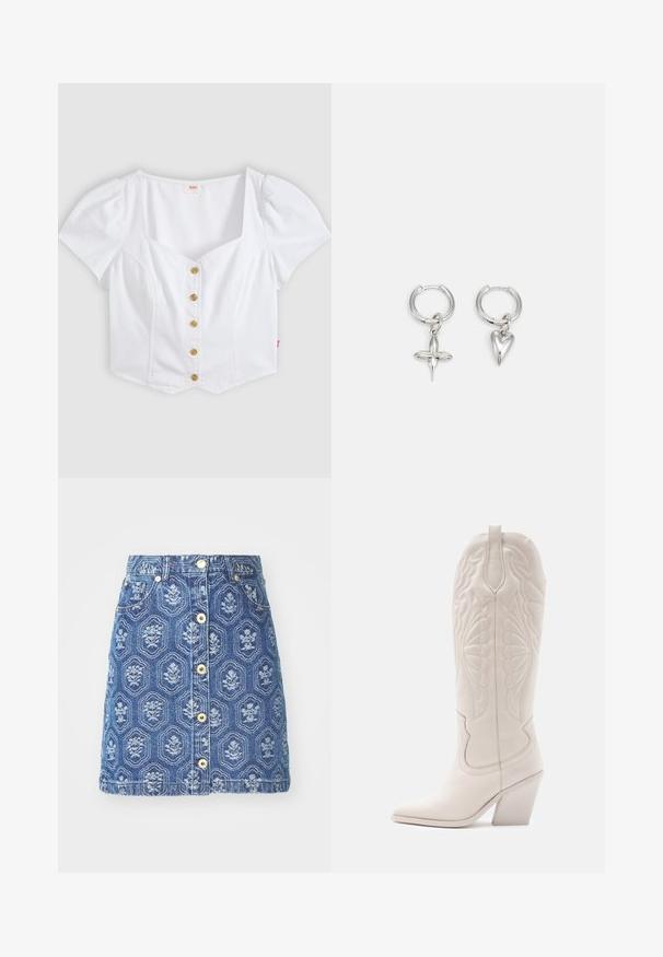 Weiße, kurzärmelige, kurz geschnittene Bluse mit quadratischem Ausschnitt und fünf vorderen Holzknöpfen, flach auf hellem Hintergrund liegend.; Denimrock mit einem blauen Blumenmuster, ausgestattet mit einem Verschluss vorne mit Knöpfen und Taschen, in A-Linie geschnitten und mit kontrastierenden Nähten.; Weiße Leder-Cowboystiefel mit spitzer Zehe und blockiertem Absatz. Sie verfügen über aufwendige Steppmuster am Schaft und eine glatte Textur.; Silberne Creolen mit einem Kreuz- und Herz-Anhänger. Glatte, glänzende Textur mit polierter Oberfläche. Jeder Anhänger hängt an einem sicheren Ring.