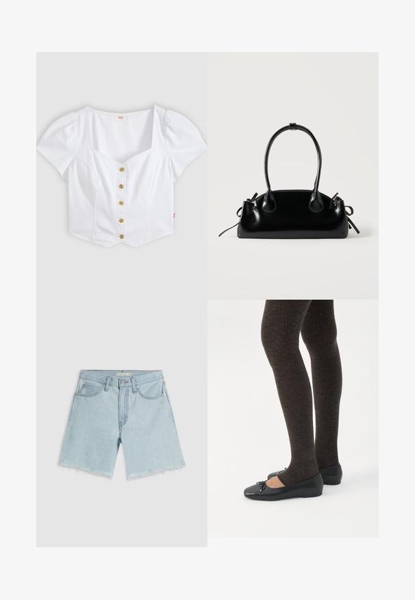 Blusa blanca de manga corta recortada con escote cuadrado y cinco botones de madera en la parte delantera, colocada plana sobre un fondo claro.; Pantalones cortos de mezclilla azul claro con dobladillo deshilachado, cuatro bolsillos y cremallera; presentan un sutil desgastado y herrajes de tono plateado.; Piernas con leggings oscuros acanalados combinados con bailarinas negras que presentan pequeños detalles de lazo sobre un fondo blanco.; Pequeño bolso negro brillante con dos asas largas y detalles de cordón lateral sobre un fondo claro liso.