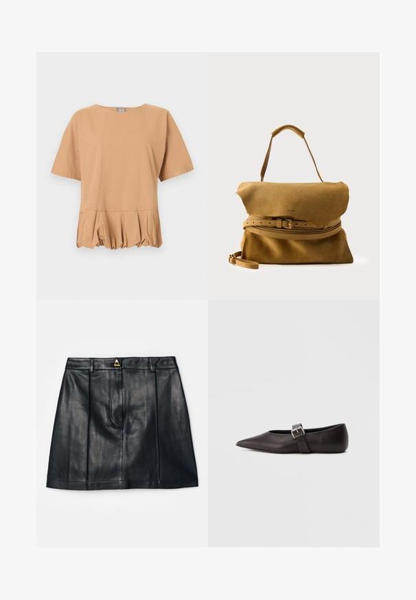 Blouse manches courtes couleur chameau avec encolure ronde et détail froncé, plissé à l'ourlet à la taille, sur un fond uni.; AERON RUDENS SKIRT - Jupe trapèze - black; Chaussure plate en cuir noir à bout pointu avec une fine lanière et une boucle métallique sur le côté. Texture lisse avec un design minimaliste.; Sac à main en daim couleur fauve avec rabat pliant, détail de ceinture réglable, poignée supérieure et bandoulière amovible sur un fond uni.
