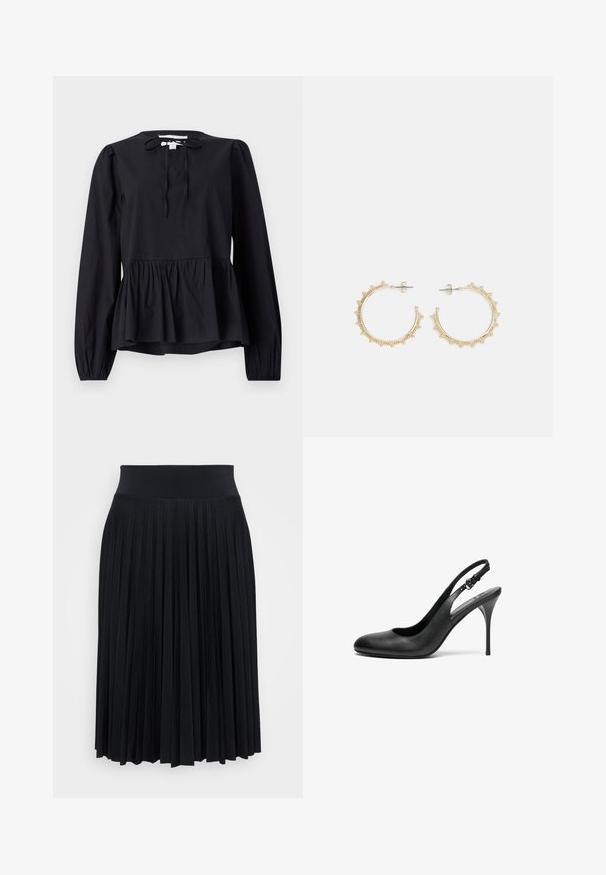 Blusa negra de manga larga con cuello redondo y detalle de lazo, que presenta un dobladillo peplum acampanado y mangas ligeramente abullonadas. Textura de tela suave.; Falda negra plisada con una cinturilla ancha, hecha de un material suave. Presenta pliegues verticales para añadir textura y fluidez.; Zapato de tacón negro de piel con punta afilada, tacón delgado y ajustable. Textura suave y diseño minimalista.; Pendientes de aro de oro con un diseño texturizado, que presentan pequeñas cuentas a lo largo del borde. Tienen una forma de aro cerrado y un cierre de tipo puño.