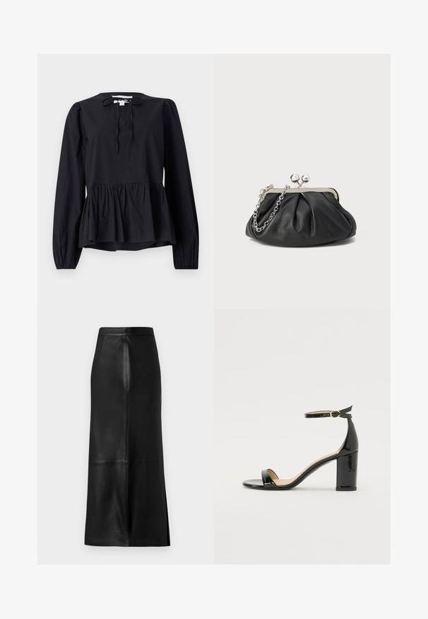 Blusa negra de manga larga con cuello redondo y detalle de lazo, que presenta un dobladillo peplum acampanado y mangas ligeramente abullonadas. Textura de tela suave.; Falda de cuero negra con una silueta recta, que presenta una abertura trasera, textura suave y costuras visibles.; Sandalia de tacón alto en charol negro con pulsera en el tobillo y hebilla dorada, punta abierta y tacón ancho sobre fondo blanco.; Clutch de cuero negro con textura arrugada, marco de metal en tono plateado, cierre de beso y cadena para colgar. Superficie suave y lisa.