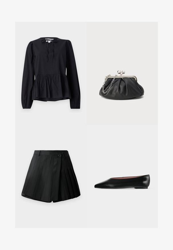 Zwarte blouse met lange mouwen, een ronde halslijn en een strikdetail, voorzien van een uitlopende peplumzoom en licht opgezette mouwen. Soepele stoftextuur.; Zwarte geplooide shorts met een vlakke voorkant, knoopsluiting en lichtgewicht stof. Gedetailleerd met scherpe plooien en een nette zoom.; Zwarte leren damesschoen met platte zool, puntige neus en lage hak, zijwaarts afgebeeld tegen een effen lichtgrijze achtergrond.; Zwarte leren clutch met geplooide textuur, zilverkleurig metalen frame, drukknopsluiting en kettingriem. Glad, zacht oppervlak.