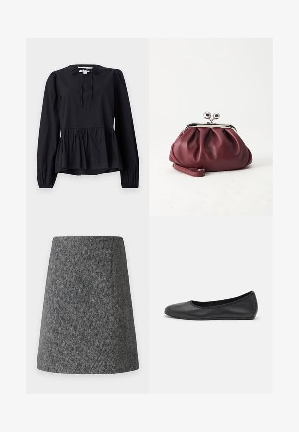 Zwarte blouse met lange mouwen, een ronde halslijn en een strikdetail, voorzien van een uitlopende peplumzoom en licht opgezette mouwen. Soepele stoftextuur.; Grijze visgraatrok met een uitlopende A-lijn vorm, gemaakt van textiel met structuur. Kenmerkt zich door een nette tailleband en geen zichtbare hardware of accenten.; Zwarte leren ballerina met een ronde neus, gladde textuur, minimale stikdetails en een flexibele zoolontwerp.; Kleine bordeauxrode leren clutch-portemonnee met zilverkleurige metalen sluiting en polsbandje op een witte achtergrond.