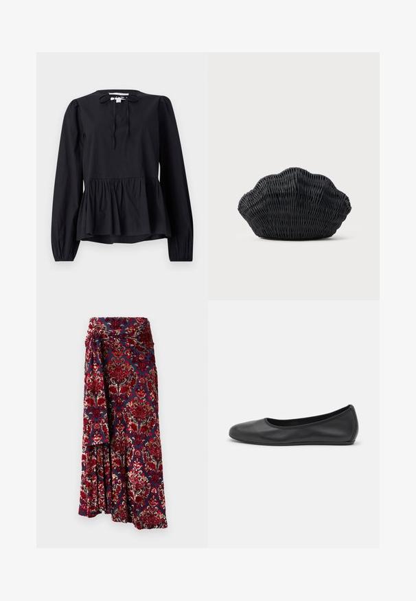 Blouse noire à manches longues avec un col rond et un détail noué, dotée d'une basque évasée et de manches légèrement bouffantes. Texture de tissu lisse.; Rabanne Jupe longue - tapestry/navy/burgundy/red/cream; Ballerines en cuir noir avec un bout rond, texture lisse, détails de couture minimalistes et design de semelle flexible.; Sac à main en osier noir en forme de coquille Saint-Jacques avec un dessus courbé et une texture tressée sur un fond uni.