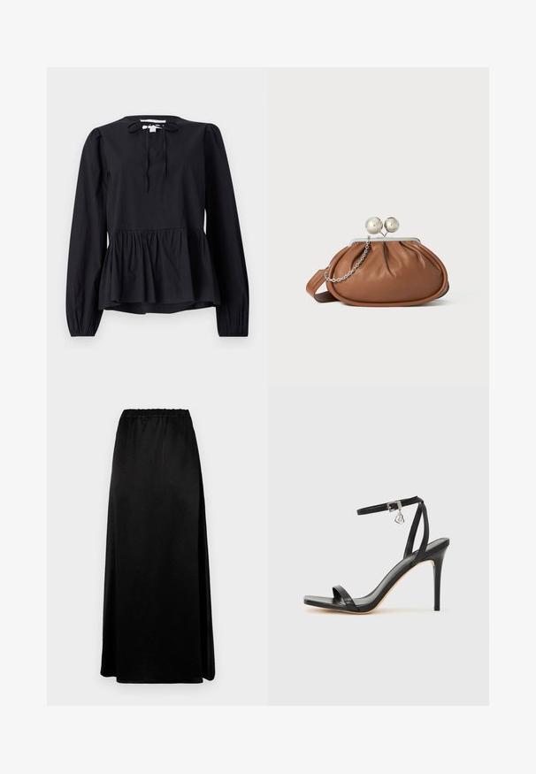 Blouse noire à manches longues avec un col rond et un détail noué, dotée d'une basque évasée et de manches légèrement bouffantes. Texture de tissu lisse.; Jupe longue noire avec une texture lisse et froissée, dotée d'une taille élastique. Présente une fente sur le côté pour plus de liberté de mouvement et une silhouette élégante.; Sandale à talon haut noire avec une bride étroite à la cheville, bout carré, cuir lisse et accent de boucle métallique.; Pochette en cuir marron avec un fermoir à boule en argent et un petit détail en chaîne argentée sur fond blanc.