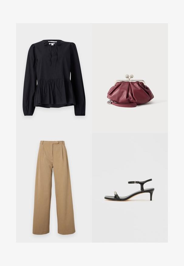 Blouse noire à manches longues avec un col rond et un détail noué, dotée d'une basque évasée et de manches légèrement bouffantes. Texture de tissu lisse.; Pantalons à jambes larges de couleur marron clair, fabriqués en tissu texturé. Présentent des plis à l'avant et une taille ajustée. Design simple sans matériel visible.; Sandale noire en cuir à talon avec bride à la cheville, bout ouvert, devant carré et accent en métal argenté. Design ajusté avec un profil élégant.; Petite pochette en cuir bordeaux avec fermoir en métal argenté et bracelet pour poignet sur fond blanc.