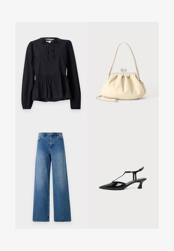 Zwarte blouse met lange mouwen, een ronde halslijn en een strikdetail, voorzien van een uitlopende peplumzoom en licht opgezette mouwen. Soepele stoftextuur.; Wijduitlopende jeans van blauwe denim. Heeft een hoge taille, vijf zakken en een sluiting met een knoop aan de voorkant. Glad textuur met lichte vervaging.; Zwarte pumps van lakleer met spits toelopende neus, T-strap en lage schuine blokhak op witte achtergrond.; Crèmekleurige zachte leren handtas met geplooid ontwerp, zilveren frame sluiting, korte handgreep en een afneembare kettingriem.