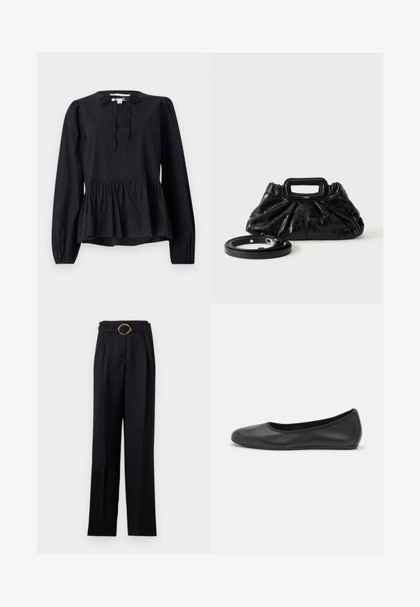 Blouse noire à manches longues avec un col rond et un détail noué, dotée d'une basque évasée et de manches légèrement bouffantes. Texture de tissu lisse.; Pantalon noir taille haute avec une coupe évasée, décoré d'une boucle en or tordue sur la ceinture. Tissu lisse avec un léger brillant.; Ballerines en cuir noir avec un bout rond, texture lisse, détails de couture minimalistes et design de semelle flexible.; Petit sac à main en cuir noir avec texture froncée, poignée rectangulaire et fine bandoulière amovible placée à côté.