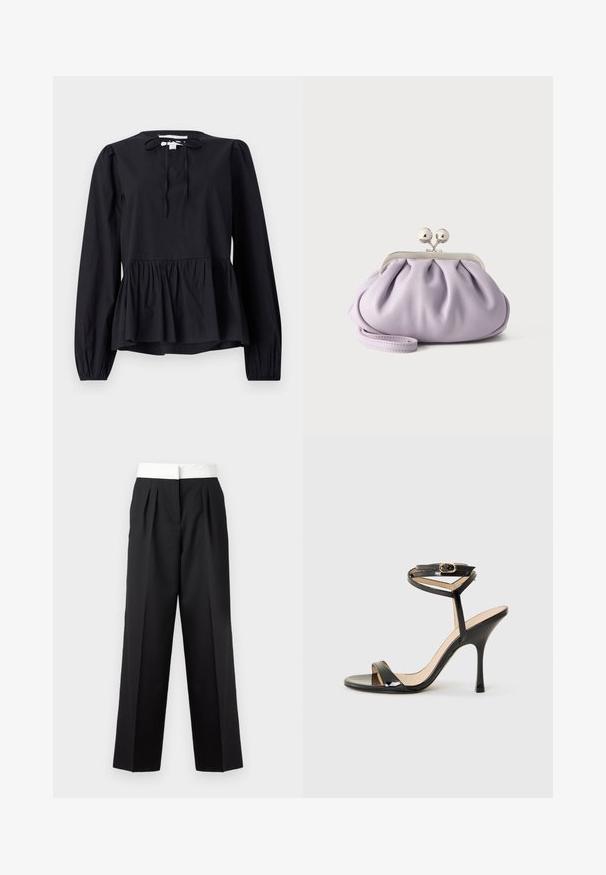 Blusa negra de manga larga con cuello redondo y detalle de lazo, que presenta un dobladillo peplum acampanado y mangas ligeramente abullonadas. Textura de tela suave.; Pantalones negros plisados con una amplia cinturilla blanca, que presentan un corte recto y una textura lisa para un look estructurado.; Sandalia de tacón alto de charol negro con tira delgada en el tobillo y hebilla, punta abierta y tacón aguja esbelto sobre fondo blanco.; Bolso de mano suave de lavanda con tela recogida, cierre de beso plateado y correa de muñeca a juego sobre un fondo liso y claro.