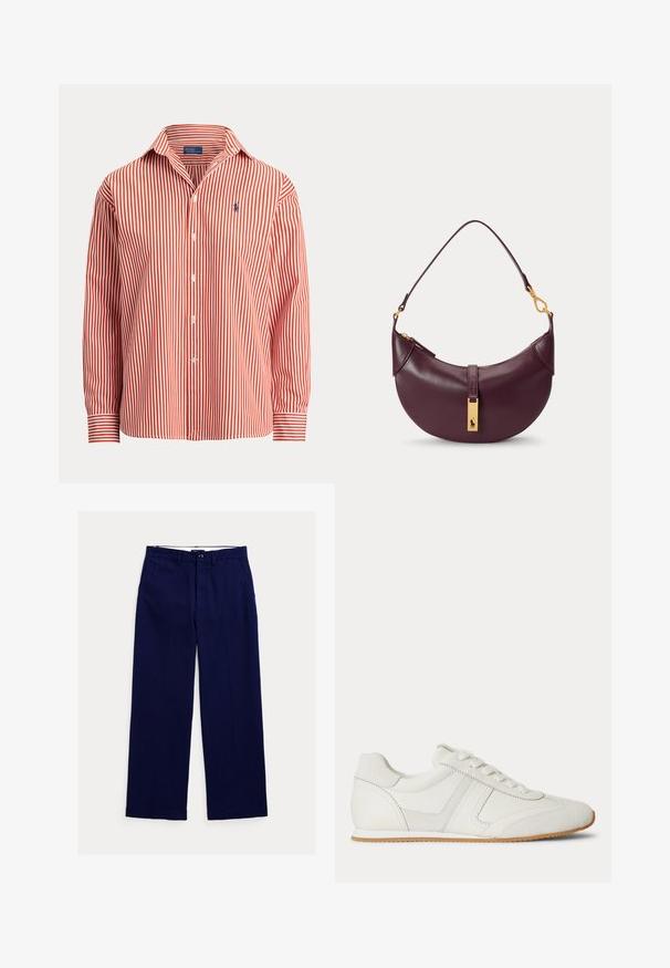 Camisa de hombre de manga larga con botones, con rayas verticales rojas y blancas y un pequeño logo azul bordado en el pecho.; Pantalones azul marino de corte recto con trabillas para cinturón, cierre frontal con botones y bolsillos laterales sobre fondo blanco.; Zapatilla blanca de corte bajo con cordones en la parte frontal, paneles de ante y cuero, y una suela de goma marrón claro sobre un fondo blanco.; Pequeño bolso de hombro de cuero púrpura oscuro con cremallera dorada y etiqueta rectangular dorada con logotipo en la correa delantera.