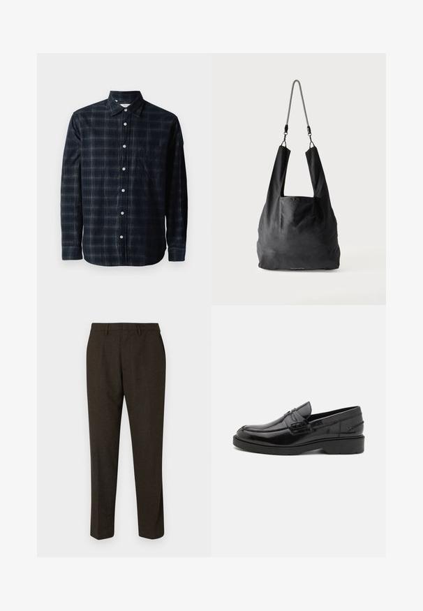Chemise à manches longues bleu marine à motif écossais, dotée d'un col boutonné, d'une poche avant et de boutons blancs sur un tissu texturé.; Pantalons marron sur mesure avec un design à jambe droite, dotés d'une texture lisse, de passants de ceinture et de poches latérales. Adaptés aux tenues formelles.; Mocassins en cuir noir avec une finition lisse, un bout rond, un petit talon et descoutures décoratives à l'avant. Semelle en caoutchouc pour l'adhérence.; Sac fourre-tout en tissu noir doux avec de larges anses et une fine bandoulière tressée noire et blanche.