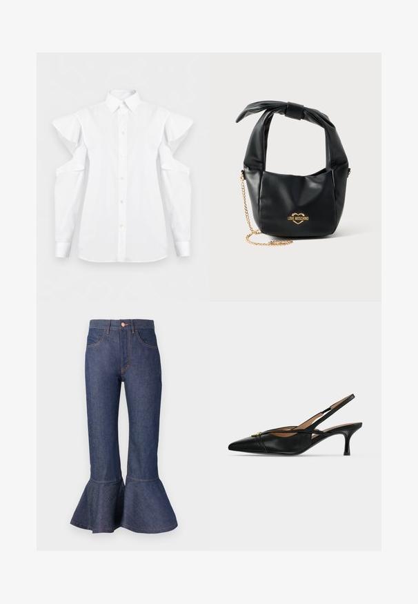 Biela košeľa na zapínanie s výrezmi na ramenách a dlhými rukávmi, s klasickým golierom a manžetami.; Tmavomodré rifľové nohavice so širokými nohavicami a volánovým lemom, piatimi vreckami a kontrastným oranžovým prešívaním. Stredne vysoký pás s predným zapínaním na gombík.; Čierna kožená slingback obuv so špicatou špičkou, nízkym kitten podpätkom a zlatou prackou vpredu.; Čierna mäkká kožená kabelka Love Moschino s uzlíkovým uchom a zlatým retiazkovým popruhom na bielom pozadí.