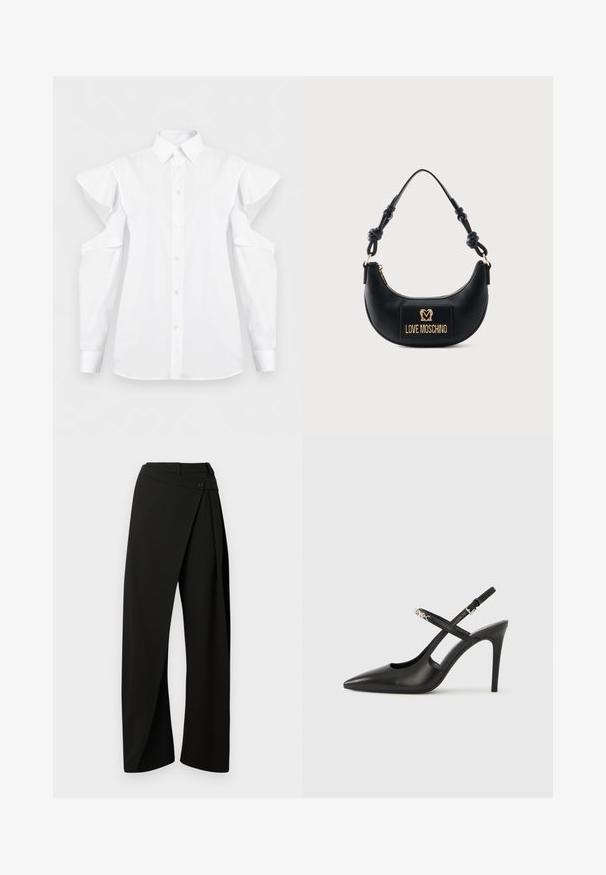Camisa blanca abotonada con detalles de hombros recortados y mangas largas, con un cuello clásico y puños.; Pantalones negros de pierna ancha con un panel envolvente en el frente y un cierre de botón en la cintura, mostrados sobre un fondo blanco.; Tacones altos slingback de cuero negro con punta afilada, diseño con recortes y correa ajustable con herrajes metálicos.; Bolso negro en forma de media luna con asa anudada y placa frontal dorada con el logo "Love Moschino", cierre superior con cremallera.