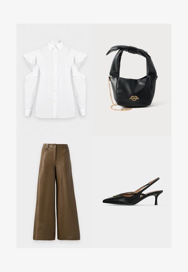 Camisa blanca abotonada con detalles de hombros recortados y mangas largas, con un cuello clásico y puños.; Pantalones de pierna ancha hechos de suave cuero sintético marrón. Presentan una cintura alta, cuatro bolsillos y una cremallera frontal. Textura lisa y diseño minimalista.; Zapato slingback de cuero negro con punta puntiaguda, tacón bajo tipo kitten y detalle de hebilla dorada en el frente.; Bolso Love Moschino de piel negra suave con asa anudada y correa de cadena dorada sobre fondo blanco.