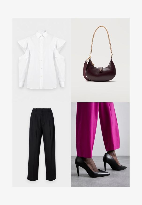Chemise blanche à boutons avec détails découpés aux épaules et manches longues, dotée d'un col classique et de poignets.; Pantalons noirs au design ajusté, avec une taille haute, des plis et une coupe droite. Fabriqués en tissu lisse de couleur unie.; Chaussures à talons hauts noires avec un design à bout pointu et une texture en cuir lisse. Associées à des pantalons ajustés rose vif.; Sac à main en cuir en forme de croissant de couleur violet foncé avec une bandoulière en chaîne dorée et une sangle latérale en tissu, comportant une petite fermeture dorée sur le rabat avant.