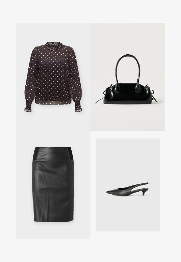 Schwarze transparente Bluse mit weißen Punkten, langen puffigen Ärmeln, gerafftem hohem Kragen und gerafften Manschetten.; Schwarzer Leder-Bleistiftrock mit einer taillierten Passform, glatter Textur und elastischen Taillenbund-Akzenten an beiden Seiten. Flacher Saum am unteren Ende.; Schwarzer Slingback-Schuh mit spitzem Zehenbereich aus glattem Leder. Mit einem dünnen Absatz und einer dekorativen Schnalle am verstellbaren Riemen.; Kleine schwarze glänzende Handtasche mit zwei langen Griffen und seitlichen Kordelzug-Details vor einfachem hellem Hintergrund.