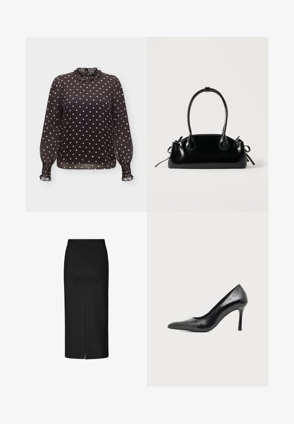 Zwarte doorschijnende blouse met witte polkadots, lange opgezette mouwen, gerimpelde hoge kraag en gerimpelde manchetten.; Zwarte kokerrok van soepel materiaal, met knielengte, subtiele zijschuif en nette stiksels. Geen zichtbare patronen of beslag.; Zwarte lakleren damesschoen met hoge hak, puntige neus en smalle hak op een effen lichte achtergrond.; Kleine zwarte glanzende handtas met twee lange hengsels en zijkant trekkoord details op een effen lichte achtergrond.