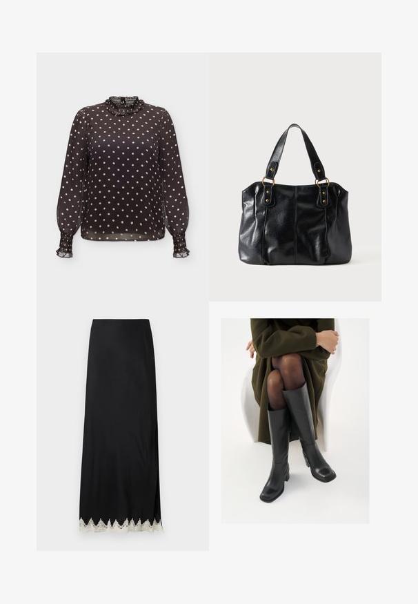 Blouse noire transparente à pois blancs, manches longues bouffantes, col haut volanté et poignets volantés.; Jupe longue noire en tissu lisse avec une fente haute et une bordure en dentelle blanche complexe à l'ourlet, présentant une coupe droite et un design minimaliste.; Bottes en cuir noires arrivant au genou, avec un bout carré et un talon carré, présentées sur un modèle assis dans un manteau vert olive. Texture lisse, détails minimaux.; Sac à épaule en cuir noir avec double anses attachées par des anneaux et rivets dorés, surface lisse et légèrement brillante, design simple.