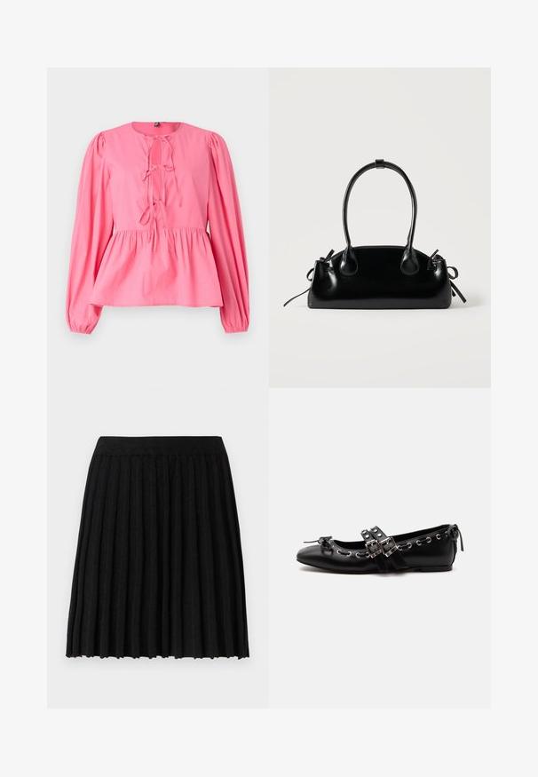 Roze katoenen blouse met een ronde halslijn, poflange mouwen en een gestrikt detail aan de voorkant. Heeft een geraffineerde taille en een ontspannen pasvorm.; Vero Moda Knitted VMMARINA Short - Minirok - black; Zwarte platte balletschoen met dubbele gespsluitingen, zilveren oogjes en een klein strikje nabij de afgeronde neus op een witte achtergrond.; Kleine zwarte glanzende handtas met twee lange hengsels en zijkant trekkoord details op een effen lichte achtergrond.