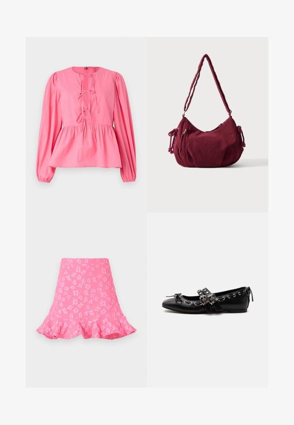 Blusa de algodón rosa con escote redondo, mangas largas abullonadas y detalle de nudo en la parte delantera. Cuenta con una cintura fruncida y un corte relajado.; Falda rosa de corte acampanado que presenta patrones florales en relieve, un dobladillo con volantes y una textura suave. Longitud por encima de la rodilla con una cinturilla ajustada.; Zapato de ballet plano negro con correas de doble hebilla, ojales plateados y un pequeño lazo cerca de la puntera redondeada sobre un fondo blanco.; Bolso de hombro de pana en color granate suave con correa ajustable, cierre de cremallera, lazos laterales y un bolsillo delantero con cremallera.