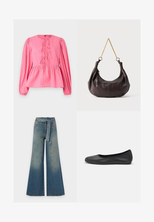 Roze katoenen blouse met een ronde halslijn, poflange mouwen en een gestrikt detail aan de voorkant. Heeft een geraffineerde taille en een ontspannen pasvorm.; Wijduitlopende denim broek met een lichte naar donkere blauwe gradient, hoge taille, riemlussen en een bijpassende stoffen riem. Gestructureerde denimafwerking.; Zwarte leren ballerina met een ronde neus, gladde textuur, minimale stikdetails en een flexibele zoolontwerp.; Zachte donkerbruine leren schoudertas met geknoopte uiteinden en een korte gouden kettingriem, tegen een effen lichte achtergrond.