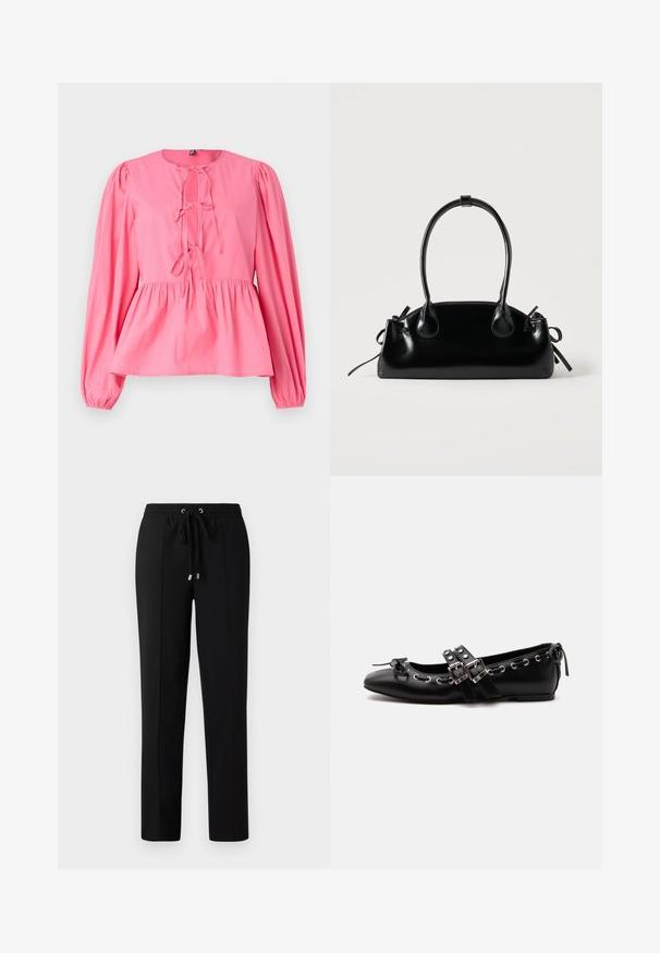 Blouse en coton rose avec un col rond, des manches longues bouffantes et un détail à nouer à l'avant. Présente une taille froncée et une coupe décontractée.; Pantalons noirs avec une taille élastique, un cordon de serrage et des accents en métal doré. Le tissu a une texture lisse avec un design à jambes droites.; Chaussure de ballet plate noire avec doubles brides à boucle, œillets argentés et petit nœud près de l’orteil arrondi sur fond blanc.; Petit sac à main noir brillant avec deux longues anses et des détails à cordon sur les côtés sur un fond clair uni.