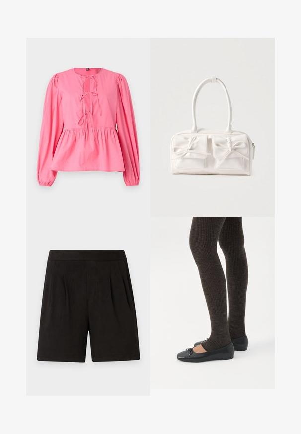 Blouse en coton rose avec un col rond, des manches longues bouffantes et un détail à nouer à l'avant. Présente une taille froncée et une coupe décontractée.; Shorts noirs en tissu doux, avec une texture lisse, une taille élastique et un design à plis à l'avant. Simples et sans ornements.; Jambes portant des leggings côtelés foncés associés à des ballerines noires avec de petits détails en nœud sur fond blanc.; Sac à main synthétique blanc avec deux poches avant, chacune ornée d'un nœud noué. Texture lisse, anses arrondies et fermeture zippée.