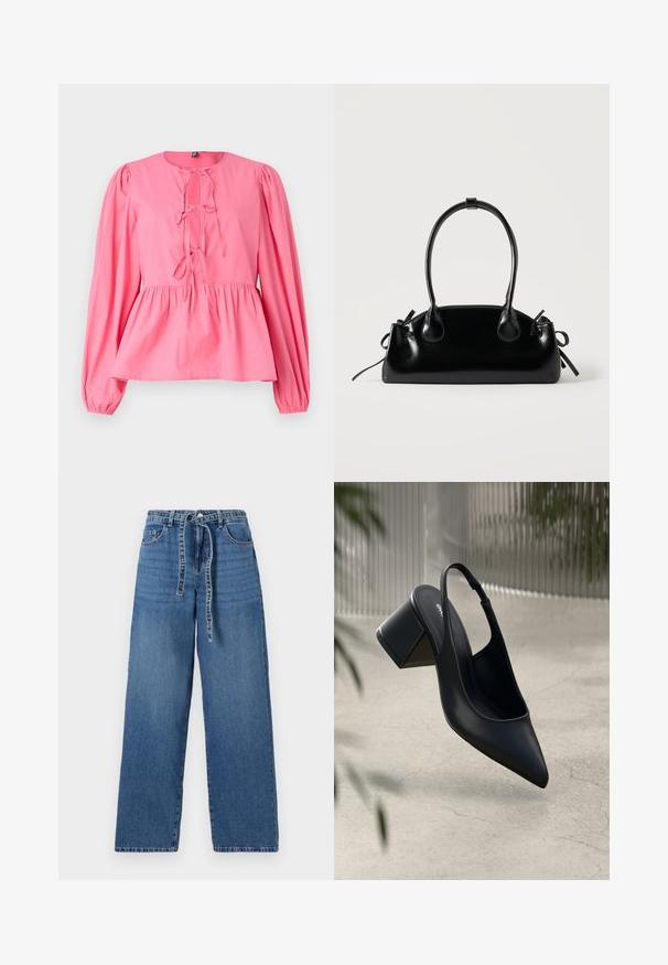 Blusa de algodón rosa con escote redondo, mangas largas abullonadas y detalle de nudo en la parte delantera. Cuenta con una cintura fruncida y un corte relajado.; Jeans de denim azul claro de pierna ancha con cintura alta, que presentan un cierre con lazo, dos bolsillos frontales y un patrón ligeramente deslavado.; Zapato de tacón slingback de cuero negro con punta afilada y tacón cuadrado. Textura suave, diseño minimalista y correa ajustable en el tobillo.; Pequeño bolso negro brillante con dos asas largas y detalles de cordón lateral sobre un fondo claro liso.