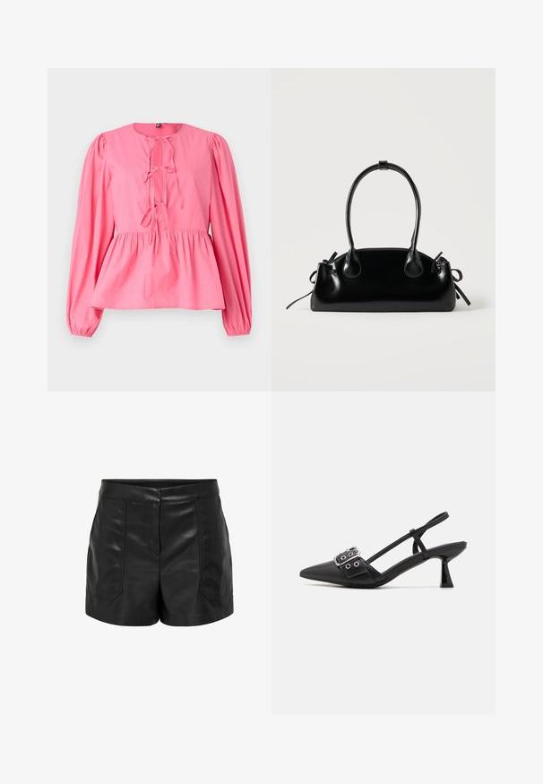 Pink cotton blouse with a round neckline, puffed long sleeves, and tied front detail. Features a gathered waist and a relaxed fit.; Black faux leather high-waist shorts with front seam details and patch pockets, displayed against a plain white background.; Simmi London DALA - Classic heels - black; Small black glossy handbag with two long handles and side drawstring details on a plain light background.