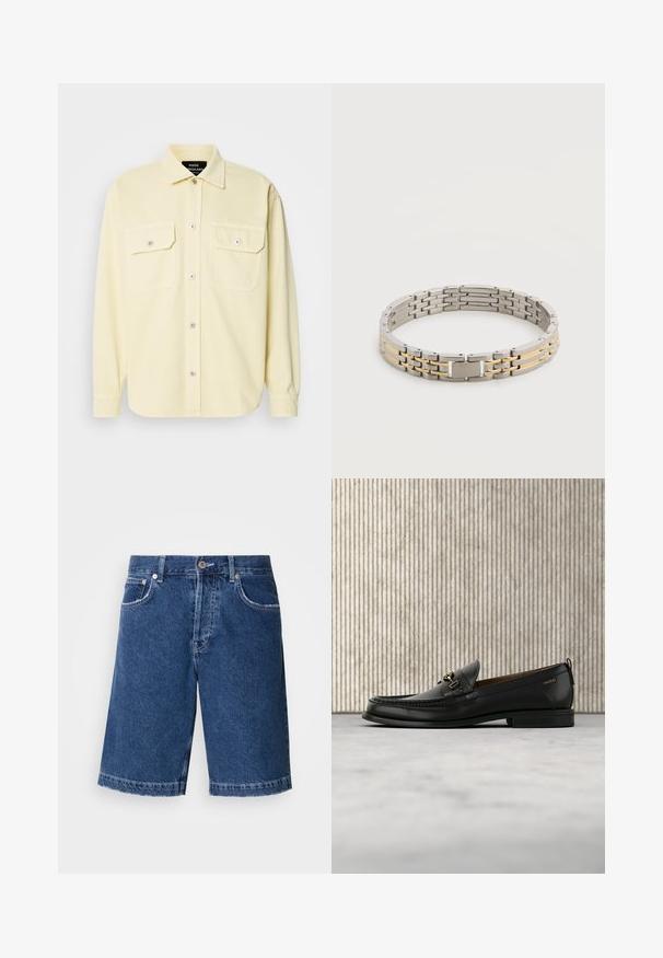 Lichtgele, langemouwen shirt van zacht materiaal, met een knopenfront, twee borstzakken en zilveren knopen voor detail.; Donkerblauwe denim shorts met een rechte snit, twee voorzakken en een klassieke knoopsluiting. Gestikte zoom met lichte vervaging.; Zwarte leren loafer met gouden metalen gesp en "HUGO" branding, weergegeven tegen een beige tapijt en bruin doorschijnend meubilair.; Zilver- en goudkleurige metalen armband met schakels en een rechthoekige sluiting waar een merknaam op gegraveerd is, afgebeeld op een witte achtergrond.