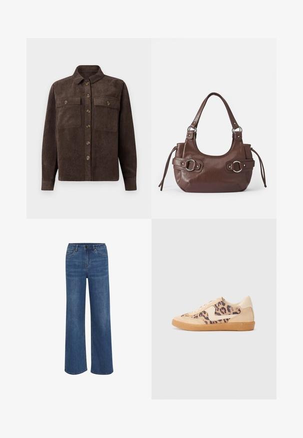 Brun kordfløjl skjortejakke med krave, frontknaplukning og to brystlommer med knapflapper. Tekstureret stof med lodrette ribber.; Bredde jeans lavet af medium blå denim. Har en knap- og lynlåslukning, fem lommer og subtil falmning på stoffet.; Leopardprint sneakers med beige ruskindsoverdel, tan gummisål og hvide detaljer. Rund pegefinger og snørebåndsdesign med en tekstureret finish.; Brun læderhåndtaske med rund form, sølvhardware, to sideskuldre og en glat tekstur. Har en enkelt toppen håndtag.
