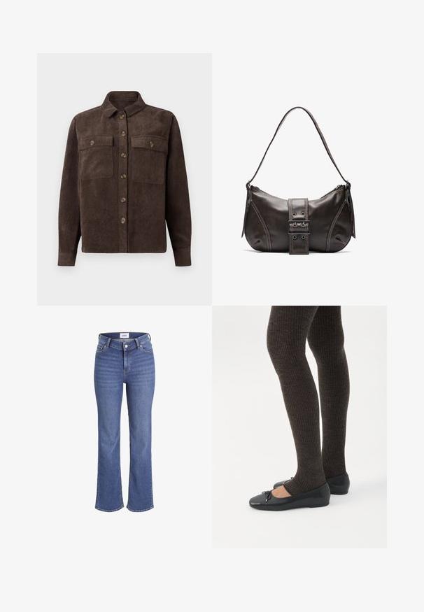 Brun kordfløjl skjortejakke med krave, frontknaplukning og to brystlommer med knapflapper. Tekstureret stof med lodrette ribber.; Mørkeblå jeans i denim med høj talje, brede ben og et traditionelt fem-lomme design. Har synlig syning og lukning med en frontknap.; Ben iført mørke ribbede leggings kombineret med sorte balletsko med små sløjfedetaljer på hvid baggrund.; Brun læder skuldertaske med en buet form, der har et fremtrædende spænde, kontrasterende syninger og en enkelt skulderrem.
