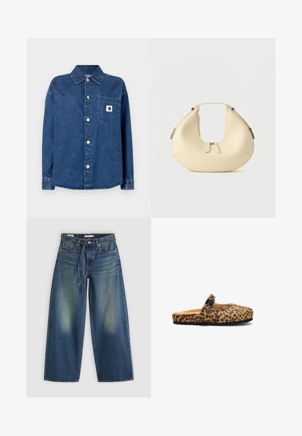Denimskjorte i mørkeblå med knaplukning foran, spidst krave, lange ærmer og en brystlomme med et logo-badge. Glat tekstur.; Denim brede benjeans i mørkeblå med en falmet finish, der har en snørebåndsvidde og fem lomme-design.; Leopardmønstret slingback tøfler med en fuzzy inderside, en rund tå og en dekorativ sort spænde. Sort gummisål med tekstur.; Beige håndtaske i halvmåneform med dobbelt lynlåslukning og kort håndtag, udstyret med sølvfarvede hardware-detaljer på siderne.