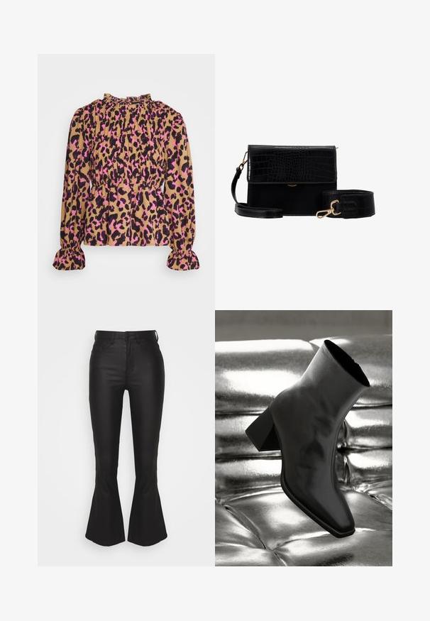 Pieces Petite PCMELINE - Blouse - indian tan; Noisy May Petite NMSALLIE HW FLARE COATED PANTS PETITE - Trousers - black; Black ankle boot made of glossy material with a square toe and tapered heel, set against a shiny silver tufted background.; Black faux leather crossbody bag with a crocodile texture, gold hardware, and a detachable strap. Features a flap closure and inner compartment.