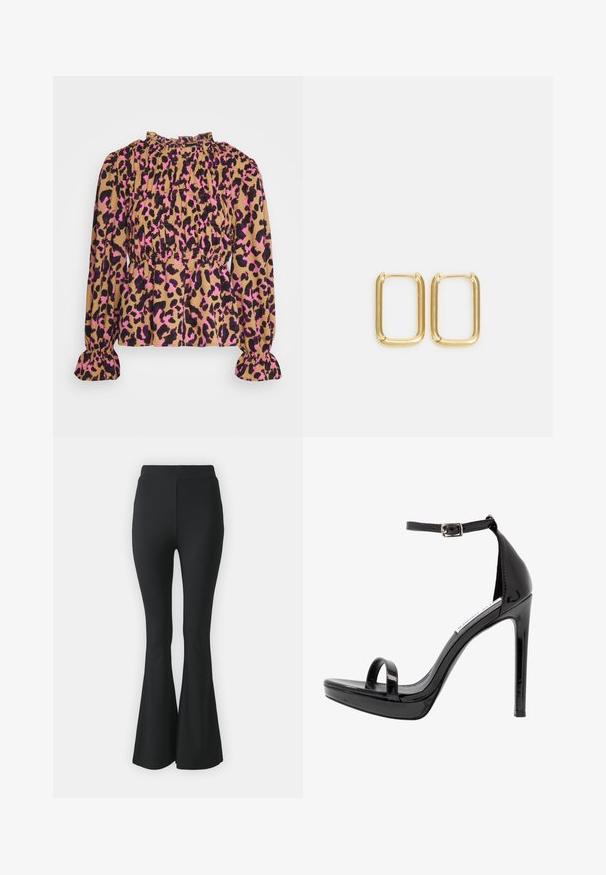 Pieces Petite PCMELINE - Bluse - indian tan; Schwarze ausgestellte Hosen aus elastischem Stoff. Sie haben einen hohen Bund und ein glattes, eng anliegendes Design, das ab dem Knie nach unten ausgestellt ist.; Steve Madden MILANO - High Heel Sandalette - black; Ohrringe aus goldenem Metall in Form von quadratischen Kreisen mit abgerundeten Kanten und polierter Oberfläche, die das Licht mit ihrem glänzenden Finish reflektieren.