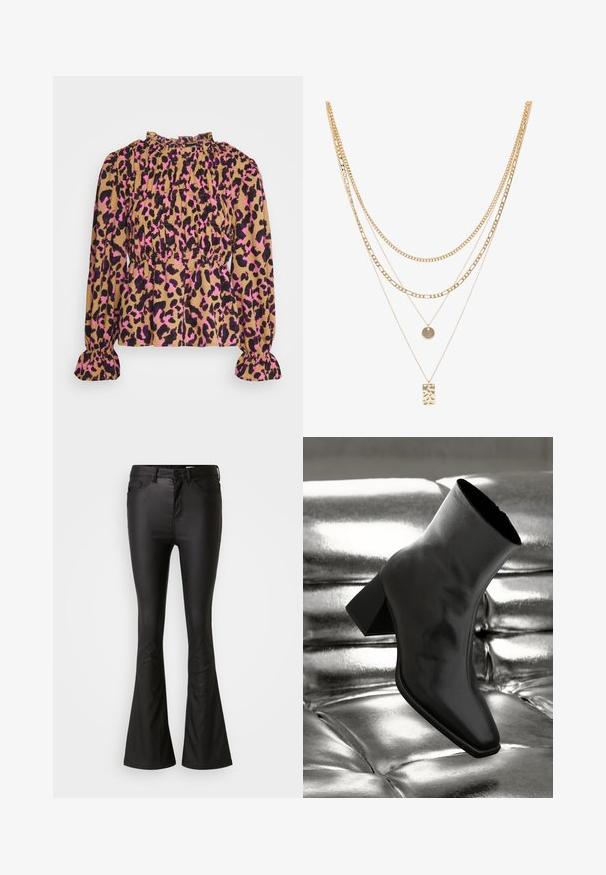 Pieces Petite PCMELINE - Blouse - indian tan; Zwarte flared jeans gemaakt van een glanzende, soepele stof. Heeft een hoge taille, voorzakken en een rits met een knoopsluiting.; Zwarte enkellaarsjes van glanzend materiaal met een vierkante neus en taps toelopende hak, afgezet tegen een glanzende zilveren gecapitonneerde achtergrond.; Gouden multi-laags halsketting met verschillende kettingstijlen, waaronder chunky schakels en fijne kettingen, met ronde en rechthoekige hangers.