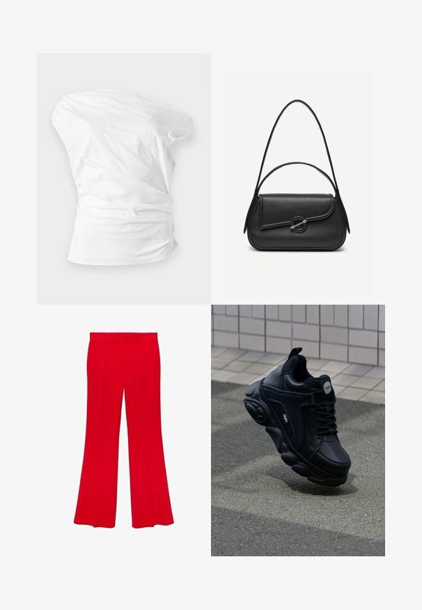 White strapless ruched top with pleated details and a fitted waist against a light background.; Red flared trousers made from a smooth fabric with a high waistband and two front pockets. The design features clean lines and a tailored fit.; Black sneaker with a chunky sole, smooth leather upper, and textured accents. Features rounded toe and decorative stitching.; Black leather handbag with rounded edges, asymmetrical flap, metal circular clasp, and both short and long shoulder straps.