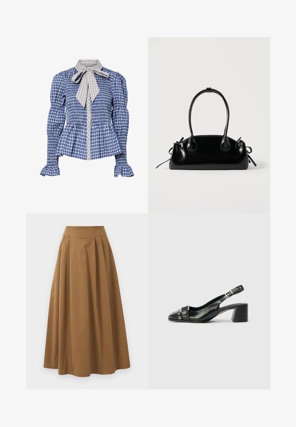 Blauw-witte geruite blouse met lange mouwen, een geplooide taille, gerimpelde manchetten, een peplumzoom en een beige geruite striknek.; Bruine katoen A-lijn rok met een hoge taille, voorzien van plooien aan de voorkant en een gladde textuur. De zoomafwerking is schoon en eenvoudig.; Zwart leren slingback hak met een spitse neus, eenTextuur strap met cirkelvormige metalen accenten en een gestapelde blokhak.; Kleine zwarte glanzende handtas met twee lange hengsels en zijkant trekkoord details op een effen lichte achtergrond.