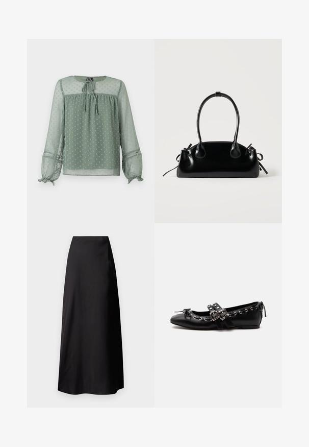 Blouse verte transparente avec un motif à pois, décolleté rond, détail de nœud à l'avant et poignets élastiques avec des accents décoratifs.; Jupe maxi en satin noir avec une texture lisse, taille haute, silhouette fluide et sans motifs ni détails en métal visibles.; Chaussure de ballet plate noire avec doubles brides à boucle, œillets argentés et petit nœud près de l’orteil arrondi sur fond blanc.; Petit sac à main noir brillant avec deux longues anses et des détails à cordon sur les côtés sur un fond clair uni.
